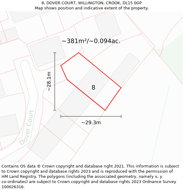 8, DOVER COURT, WILLINGTON, CROOK, DL15 0GP: Plot and title map