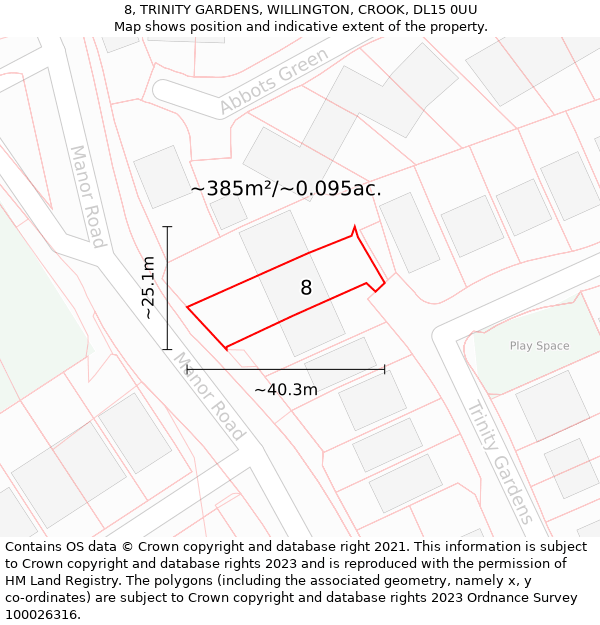 8, TRINITY GARDENS, WILLINGTON, CROOK, DL15 0UU: Plot and title map
