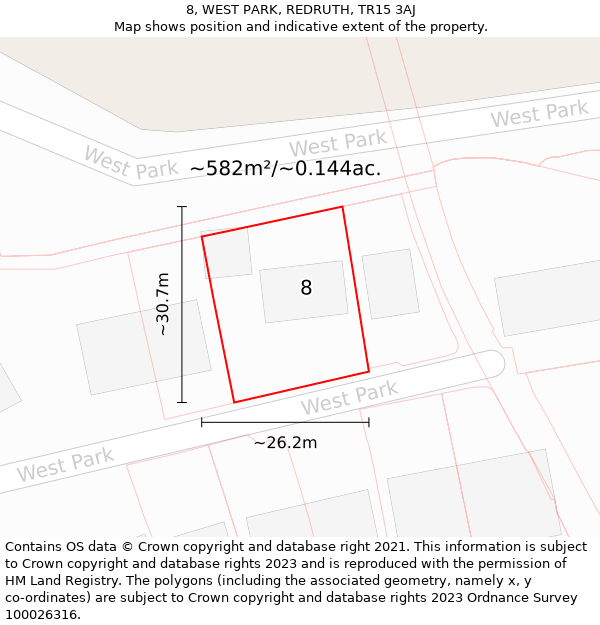 8, WEST PARK, REDRUTH, TR15 3AJ: Plot and title map