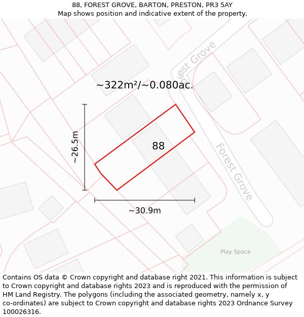88, FOREST GROVE, BARTON, PRESTON, PR3 5AY: Plot and title map