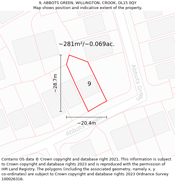 9, ABBOTS GREEN, WILLINGTON, CROOK, DL15 0QY: Plot and title map