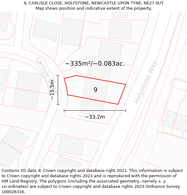 9, CARLISLE CLOSE, HOLYSTONE, NEWCASTLE UPON TYNE, NE27 0UT: Plot and title map