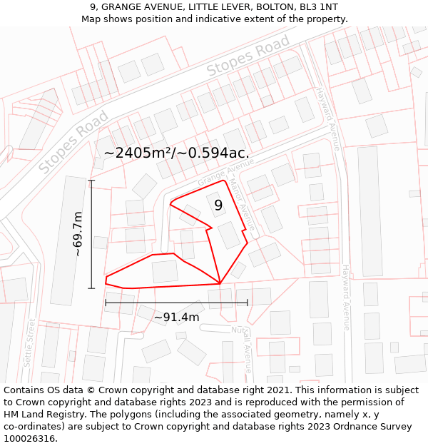 9, GRANGE AVENUE, LITTLE LEVER, BOLTON, BL3 1NT: Plot and title map