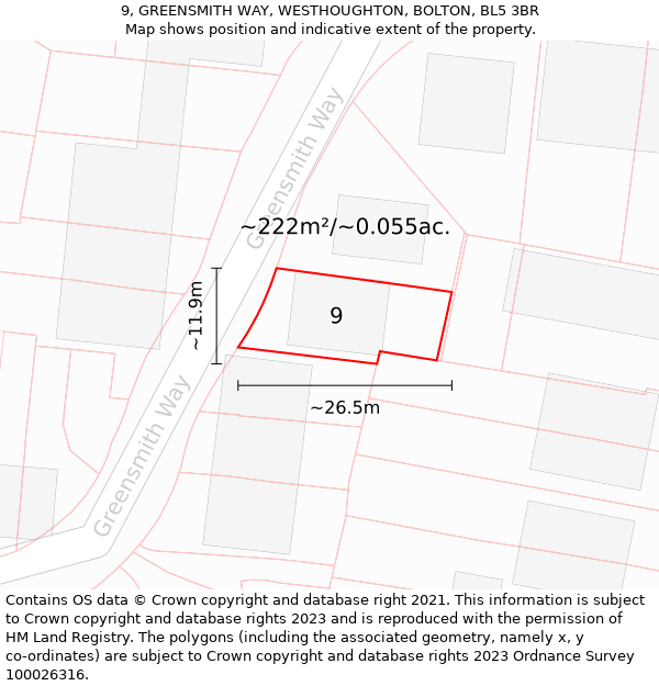 9, GREENSMITH WAY, WESTHOUGHTON, BOLTON, BL5 3BR: Plot and title map