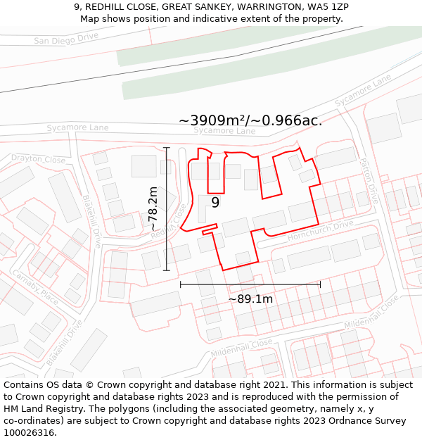 9, REDHILL CLOSE, GREAT SANKEY, WARRINGTON, WA5 1ZP: Plot and title map