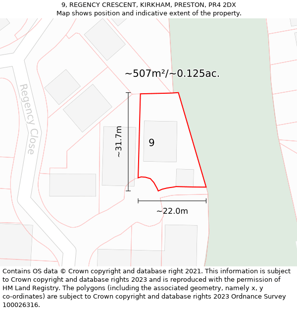 9, REGENCY CRESCENT, KIRKHAM, PRESTON, PR4 2DX: Plot and title map