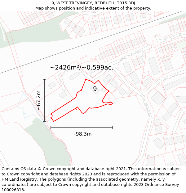 9, WEST TREVINGEY, REDRUTH, TR15 3DJ: Plot and title map