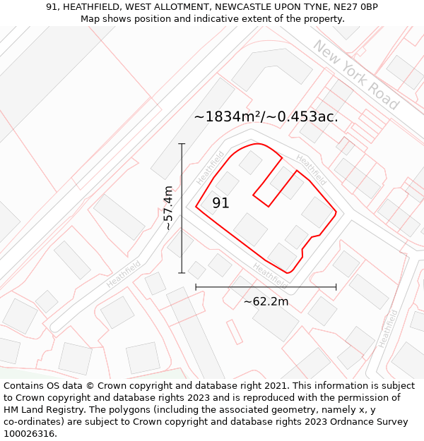 91, HEATHFIELD, WEST ALLOTMENT, NEWCASTLE UPON TYNE, NE27 0BP: Plot and title map