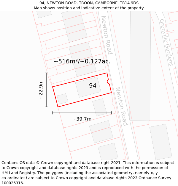 94, NEWTON ROAD, TROON, CAMBORNE, TR14 9DS: Plot and title map
