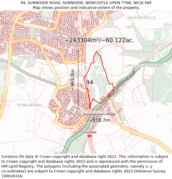 94, SUNNISIDE ROAD, SUNNISIDE, NEWCASTLE UPON TYNE, NE16 5NF: Plot and title map
