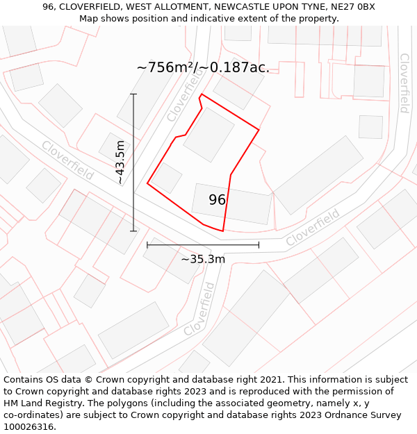 96, CLOVERFIELD, WEST ALLOTMENT, NEWCASTLE UPON TYNE, NE27 0BX: Plot and title map