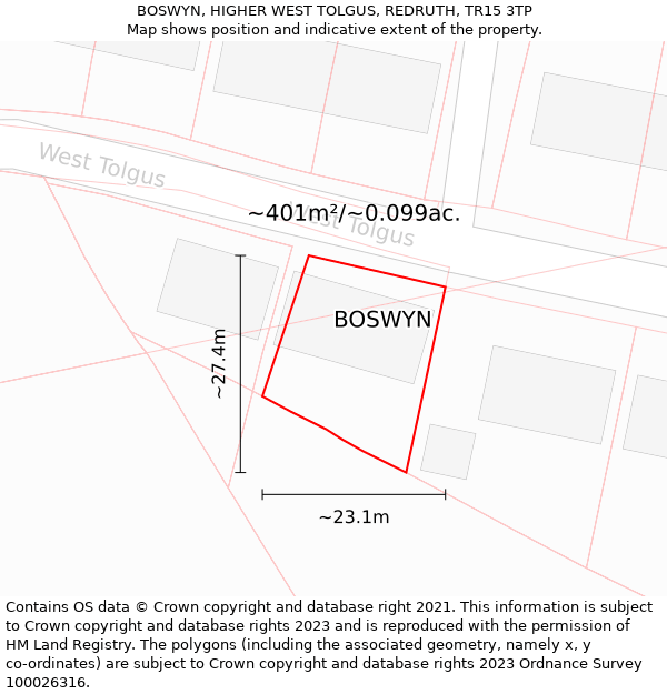 BOSWYN, HIGHER WEST TOLGUS, REDRUTH, TR15 3TP: Plot and title map