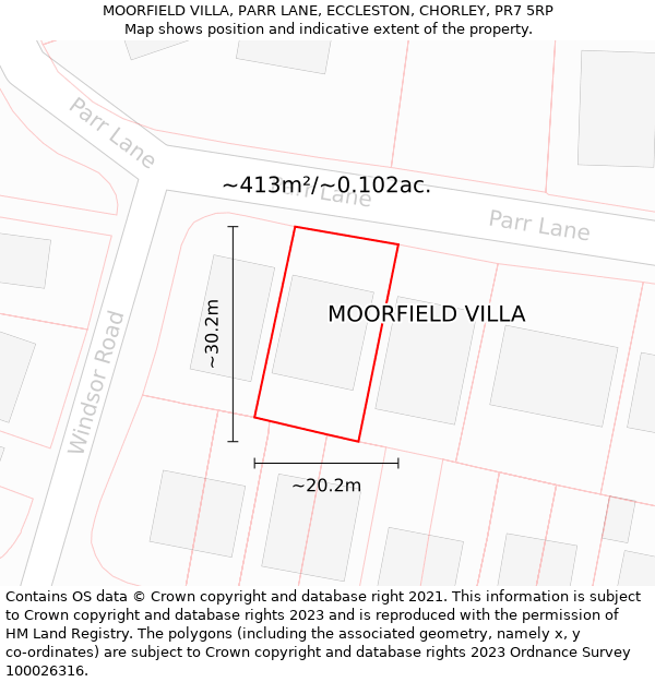 MOORFIELD VILLA, PARR LANE, ECCLESTON, CHORLEY, PR7 5RP: Plot and title map