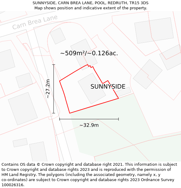 SUNNYSIDE, CARN BREA LANE, POOL, REDRUTH, TR15 3DS: Plot and title map