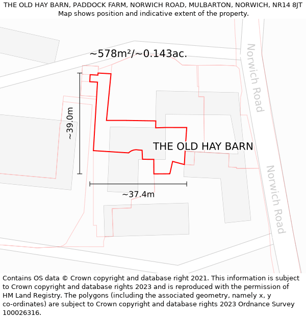 THE OLD HAY BARN, PADDOCK FARM, NORWICH ROAD, MULBARTON, NORWICH, NR14 8JT: Plot and title map
