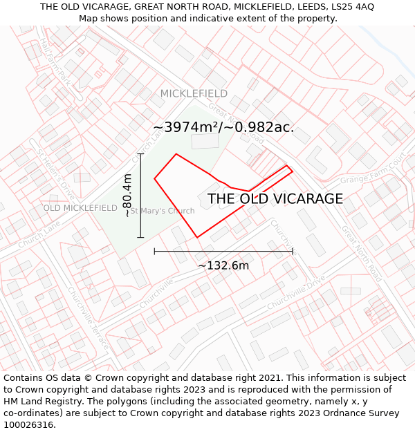 THE OLD VICARAGE, GREAT NORTH ROAD, MICKLEFIELD, LEEDS, LS25 4AQ: Plot and title map