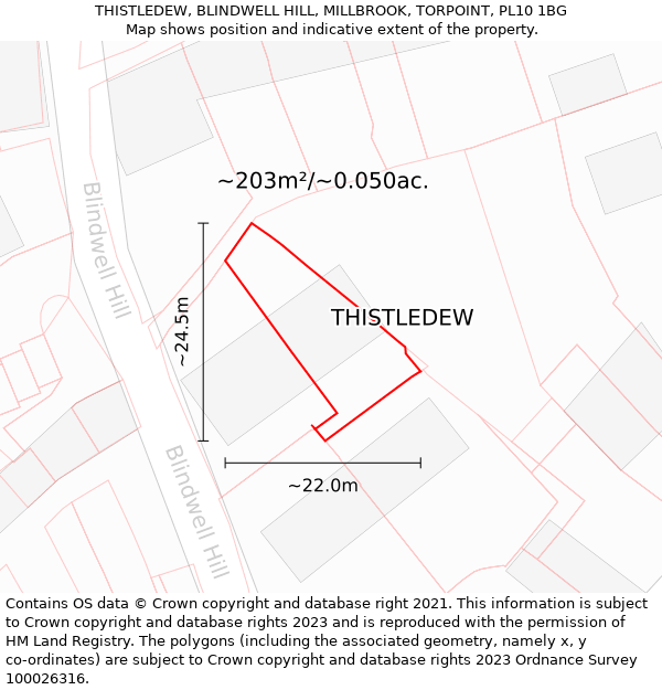 THISTLEDEW, BLINDWELL HILL, MILLBROOK, TORPOINT, PL10 1BG: Plot and title map