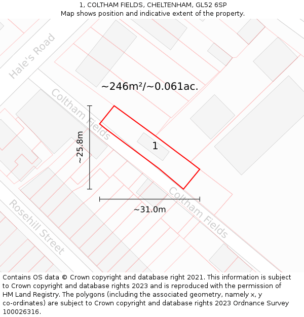 1, COLTHAM FIELDS, CHELTENHAM, GL52 6SP: Plot and title map