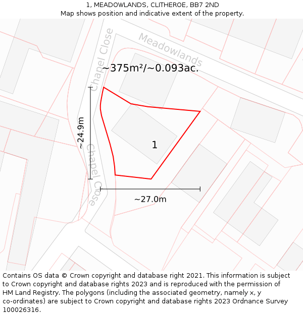 1, MEADOWLANDS, CLITHEROE, BB7 2ND: Plot and title map