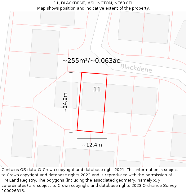 11, BLACKDENE, ASHINGTON, NE63 8TL: Plot and title map