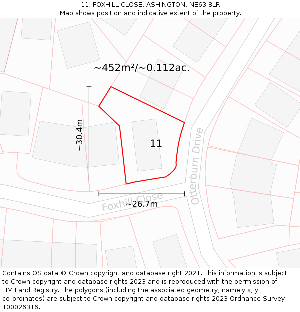 11, FOXHILL CLOSE, ASHINGTON, NE63 8LR: Plot and title map