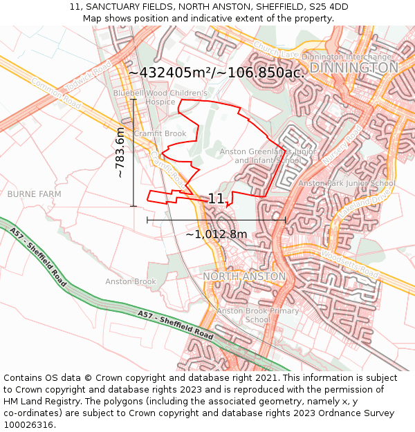 11, SANCTUARY FIELDS, NORTH ANSTON, SHEFFIELD, S25 4DD: Plot and title map