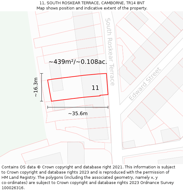 11, SOUTH ROSKEAR TERRACE, CAMBORNE, TR14 8NT: Plot and title map