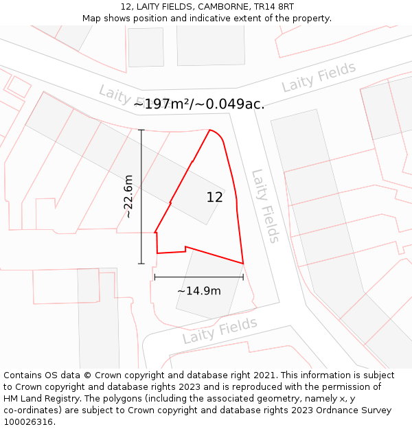 12, LAITY FIELDS, CAMBORNE, TR14 8RT: Plot and title map