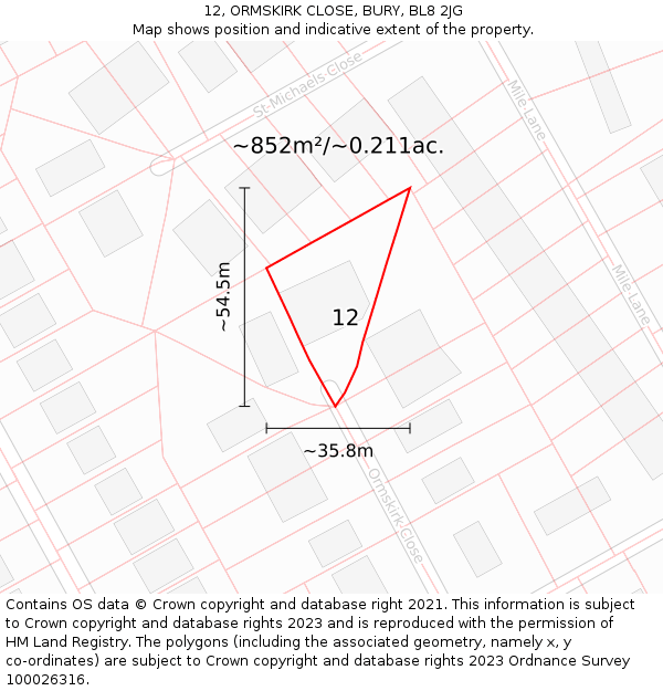 12, ORMSKIRK CLOSE, BURY, BL8 2JG: Plot and title map
