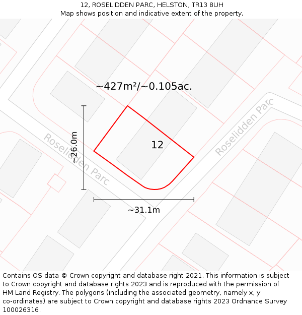 12, ROSELIDDEN PARC, HELSTON, TR13 8UH: Plot and title map