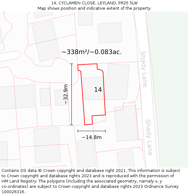14, CYCLAMEN CLOSE, LEYLAND, PR25 5LW: Plot and title map