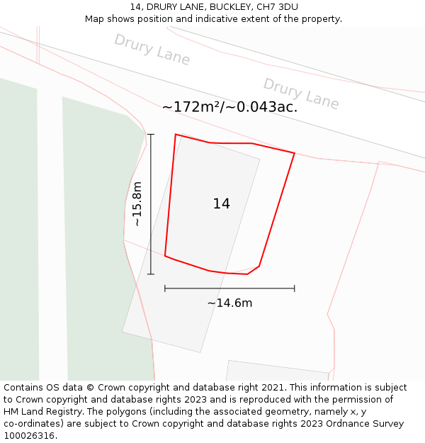 14, DRURY LANE, BUCKLEY, CH7 3DU: Plot and title map