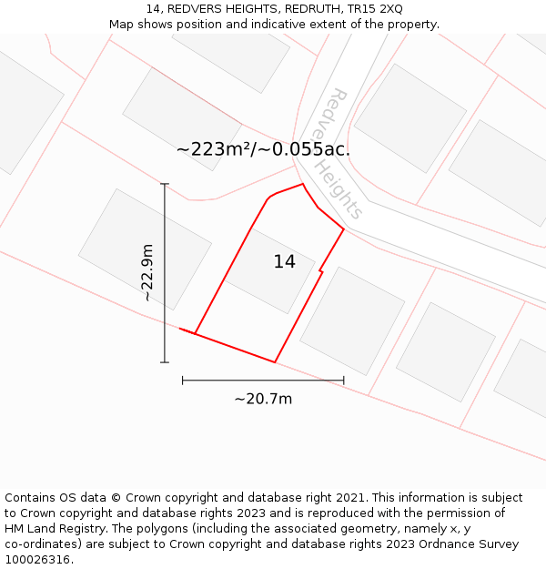 14, REDVERS HEIGHTS, REDRUTH, TR15 2XQ: Plot and title map