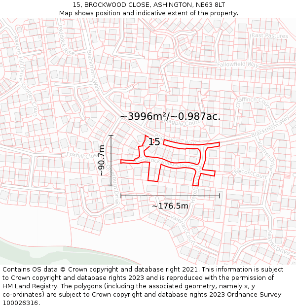 15, BROCKWOOD CLOSE, ASHINGTON, NE63 8LT: Plot and title map
