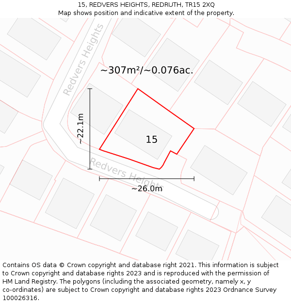 15, REDVERS HEIGHTS, REDRUTH, TR15 2XQ: Plot and title map