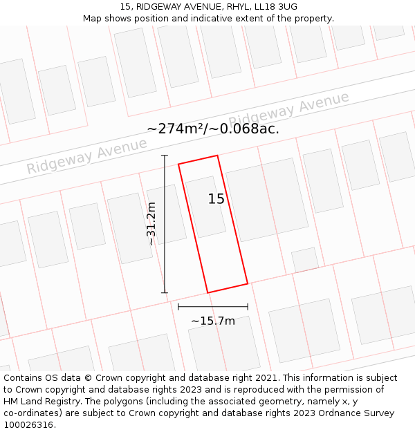 15, RIDGEWAY AVENUE, RHYL, LL18 3UG: Plot and title map