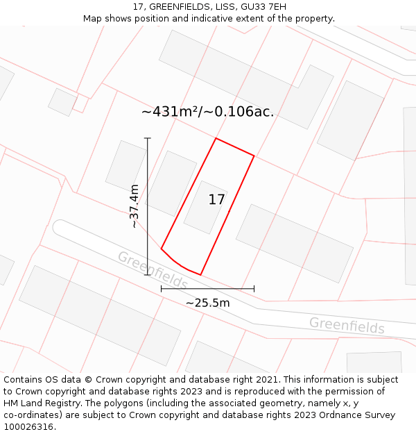 17, GREENFIELDS, LISS, GU33 7EH: Plot and title map
