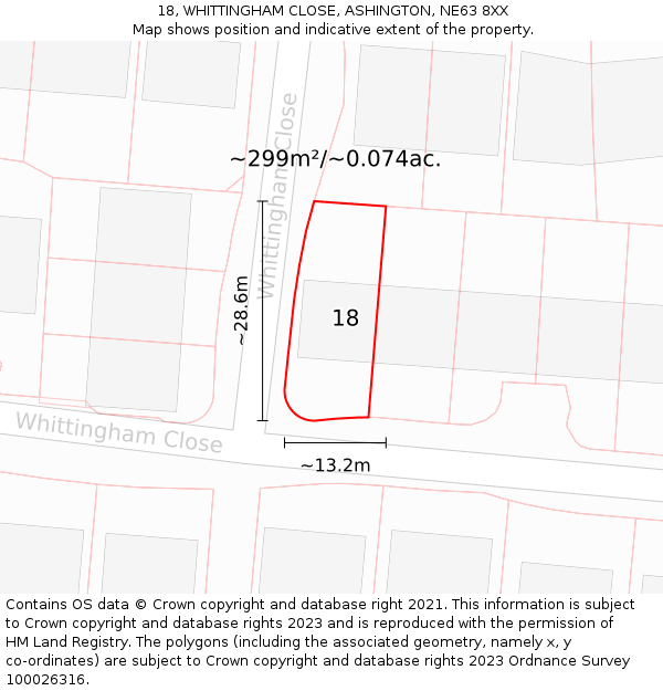 18, WHITTINGHAM CLOSE, ASHINGTON, NE63 8XX: Plot and title map