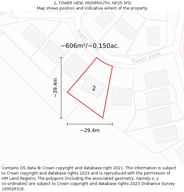 2, TOWER VIEW, MONMOUTH, NP25 5FD: Plot and title map