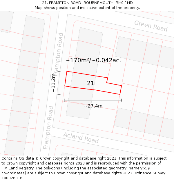21, FRAMPTON ROAD, BOURNEMOUTH, BH9 1HD: Plot and title map
