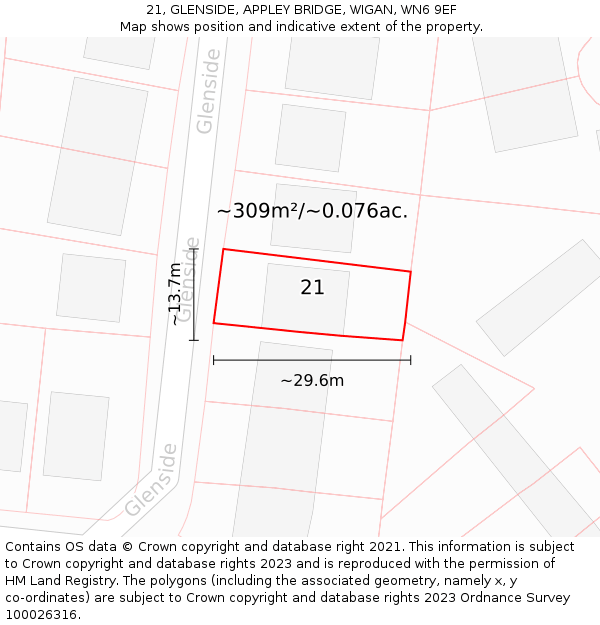 21, GLENSIDE, APPLEY BRIDGE, WIGAN, WN6 9EF: Plot and title map