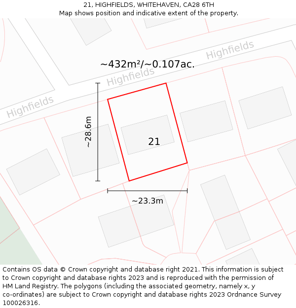 21, HIGHFIELDS, WHITEHAVEN, CA28 6TH: Plot and title map
