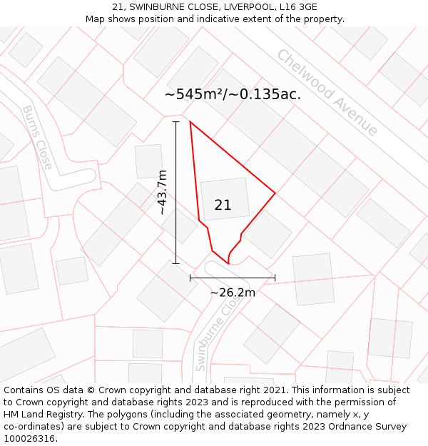 21, SWINBURNE CLOSE, LIVERPOOL, L16 3GE: Plot and title map