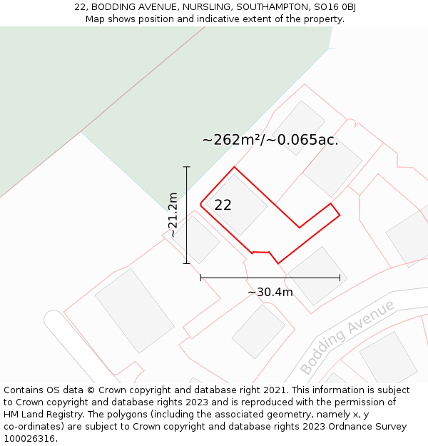 22, BODDING AVENUE, NURSLING, SOUTHAMPTON, SO16 0BJ: Plot and title map