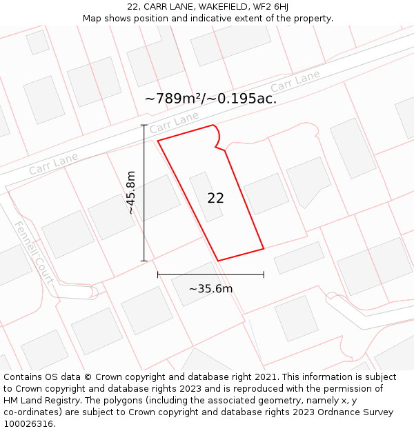 22, CARR LANE, WAKEFIELD, WF2 6HJ: Plot and title map