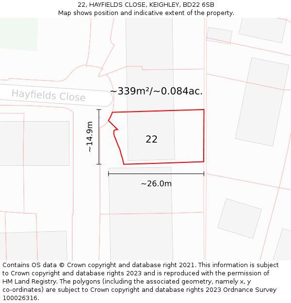22, HAYFIELDS CLOSE, KEIGHLEY, BD22 6SB: Plot and title map