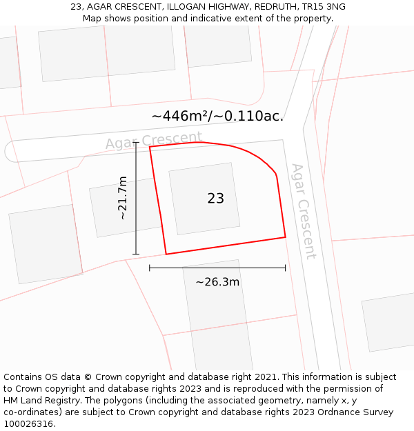23, AGAR CRESCENT, ILLOGAN HIGHWAY, REDRUTH, TR15 3NG: Plot and title map
