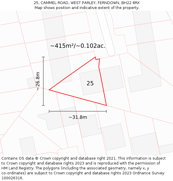 25, CAMMEL ROAD, WEST PARLEY, FERNDOWN, BH22 8RX: Plot and title map