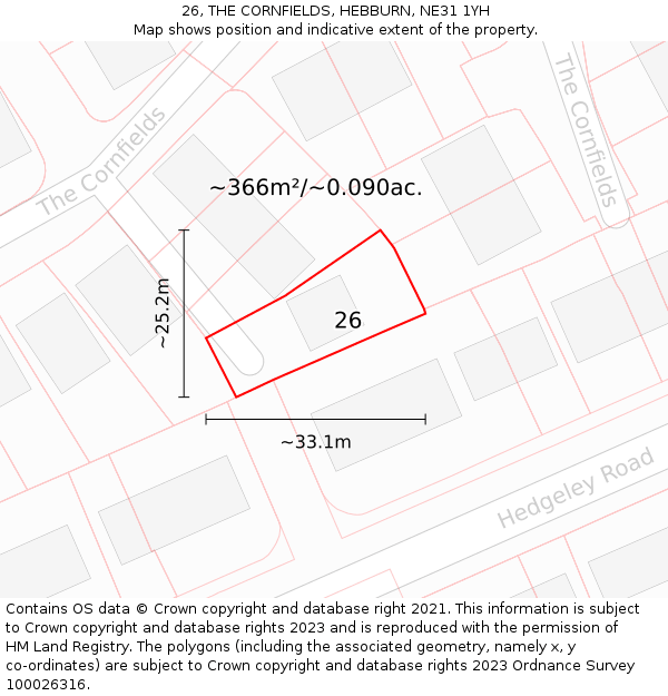 26, THE CORNFIELDS, HEBBURN, NE31 1YH: Plot and title map