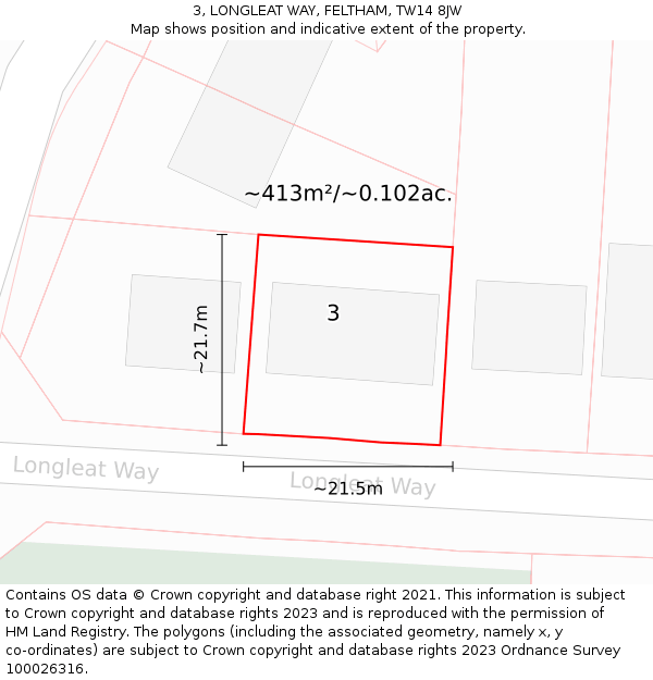 3, LONGLEAT WAY, FELTHAM, TW14 8JW: Plot and title map
